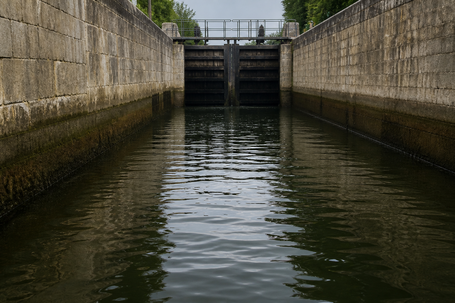 Controlled ripples on narrow lock chamber water between stone walls