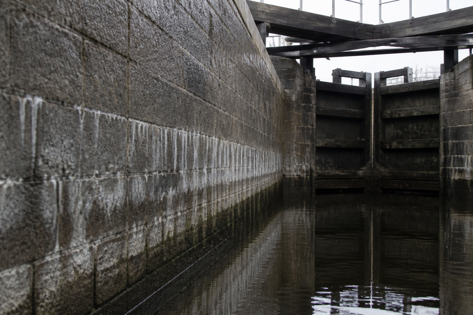 Narrow canal lock chamber with wet limestone walls, two waterline stains and heavy timber gate beams