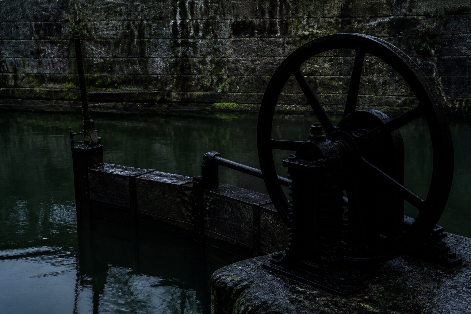 Sluice paddle gear silhouette against deep canal-green water tone