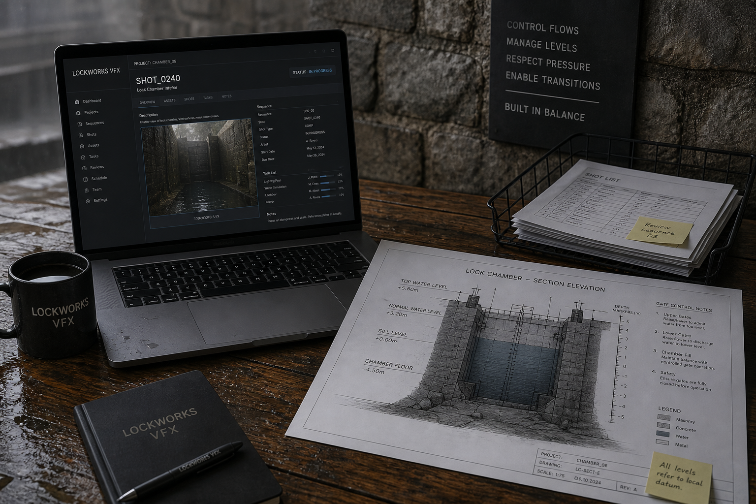 Laptop and production notes beside a canal lock diagram with depth markers